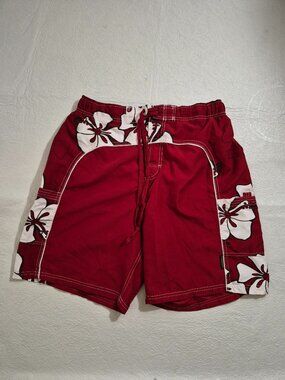 Palmwave Mens L Maroon Red White Floral Hawaiian Knit Lined Swim Trunks Shorts